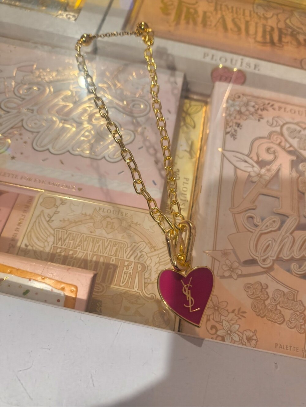 Yves Saint Laurent Gold plated Chain Necklace with Pink Heart YSL Beauty Pendant